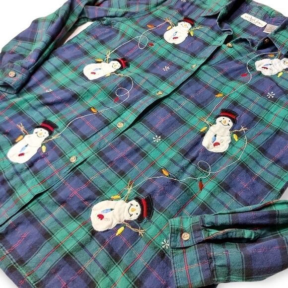Vintage Victoria Jones Blue Green Plaid Snowman Christmas Winter Flannel Size 1x - Picture 3 of 9